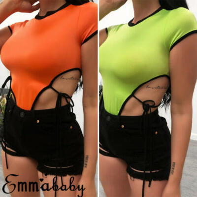 

Women Ladies Bodysuit Stretch Leotard Short Sleeve Body Tops T shirt Jumpsuit