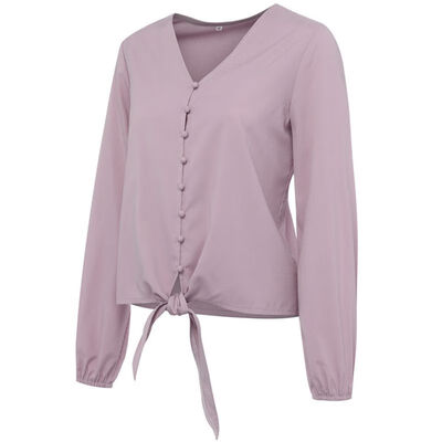 

2019 New Women Sexy V Neck Chiffon Blouse Tops Solid Bandage Casual Lady Blouse Shirt Button Long Sleeved Blouses Women Clothing