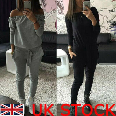 

UK Womens Long Sleeve Off Shoulder Top Blouse Pants Two-piece Jumpsuit Set 6-14