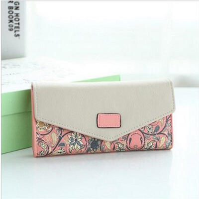

Envelope Shape Leather Women Wallet 3 Folding Flower Printing Wallet Long Coin Purse Wallet For Lady