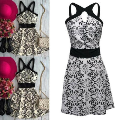 

Women Sleeveless Summer Boho Printed Beach Casual Loose Mini Shirt Beach Dress