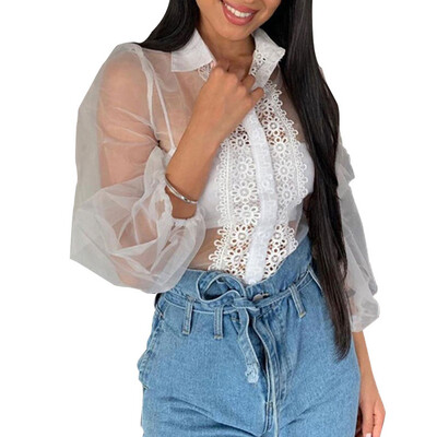 

NEW Women Mesh Sheer Puff Sleeve Turtleneck Top Long Sleeve Sexy T Shirts Blouse