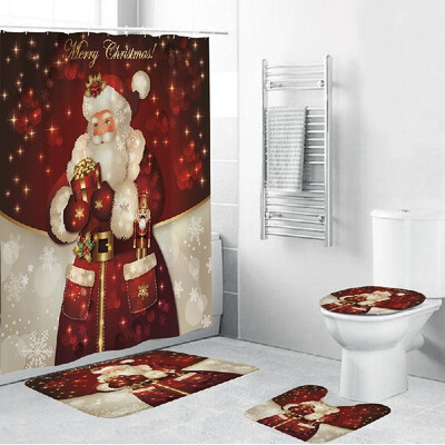

4 Piece Christmas Theme Bathroom Decoration Non Slip Rug Toliet Cover Bath Mat Shower Curtain