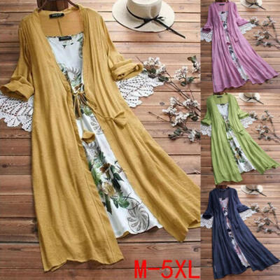 

2Pcs Set Autumn Women Casual Printing Dyeing Boho Maxi Long Cardigan Dress -5XL