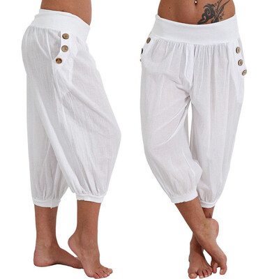 

Starmoon Women Summer Elastic Waist Boho Check Pants Baggy Wide Leg Plus Size Yoga Capris