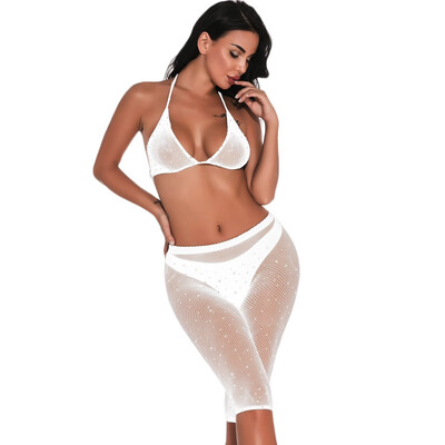 

Toponeto New Women Fishnet Hollow Out Floral Diamond Pantyhose Stocking Bra Lingerie