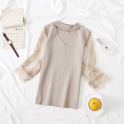 

Women V-Neck Hollow T-Shirts Knitted Slim Top Lace Stitching Half Sleeeve Casual Tops