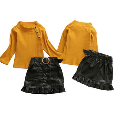 

2PCS Toddler Baby Girls Autumn Clothes Set CottonTopLeather Skirt Outfits Sets
