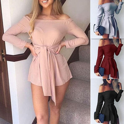 

Women Off Shoulder Jumpsuit Long Sleeve Bodycon Party Short Romper Mini Playsuit