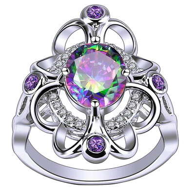 

925 Sterling Silver Created Rainbow Topaz Filled Art Deco Statement Ring Women