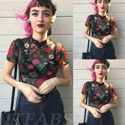 

Women Sheer Mesh Short Sleeve Crew Neck Blouse See-through Crop Floral Top Shirt