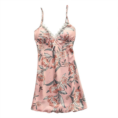 

Toponeto Women Sexy Satin Fashion Print Lace Bow Pajamas Sling Sleepwear With Chest Pad