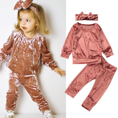 

3PCS Kids Baby Girl Clothes Velvet Sweatshirt T-shirt Pants Outfits Tracksuit