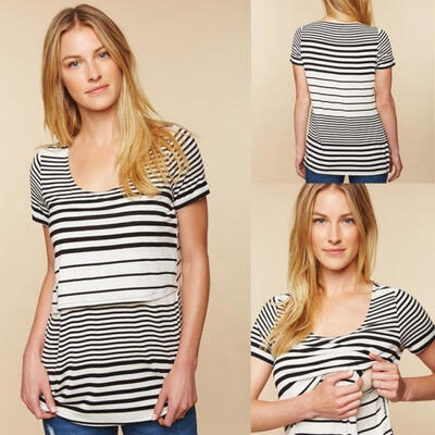 

Women Maternity Blouse Breastfeeding Top Short Sleeve Nursing T-shirt Top Stripe