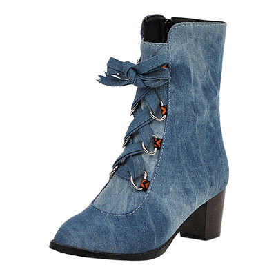 Rose Stylish Womens Cowboy Comfortable Low-heeled Lace-Up Roman Shoes Ankle Boots