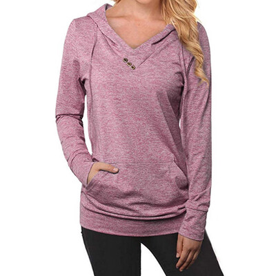 

New Women Long Sleeve Hoodie V-Neck Pullover Sweatshirt Pocket Hooded Hoodie Solid Color Loose Hoodie