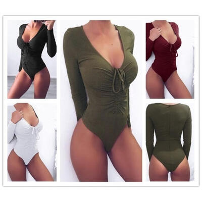 

Sexy women V-neck bandage long-sleeved solid color Bodycon Slim Jumpsuit