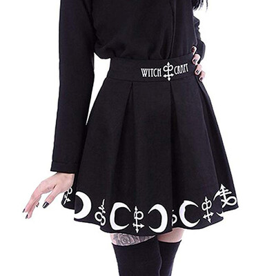 

Roseonmyhand Women Gothic Punk Witchcraft Moon Magic Spell Symbols Pleated Mini Skirt
