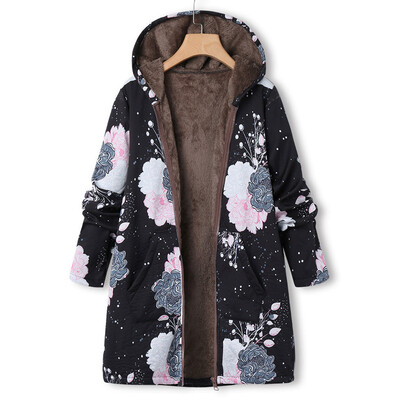 

Tailored Women Plus Size Vintage Warm Printed Pockets Thicker Zipper Hooded Coat Outwear