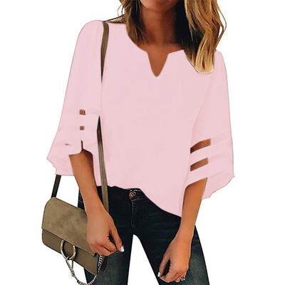 

Starmoon Womens V Neck Mesh Panel Blouse 34 Bell Sleeve Casual Loose Top Shirt