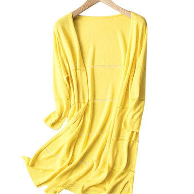 

Womens Solid Loose Long Sleeve Knitted Blouse Sun Protection Hollow Out Long Cardigan