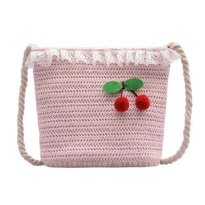 

Women Straw Crossbody Bag Lovely Cherry Lace Bucket Bags Ladies Small Vintage Woven Messenger Shoulder Bag YJ