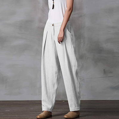 

Plus Size Women Pure Color Button Beam Foot Solid Trousers Loose Casual Pants