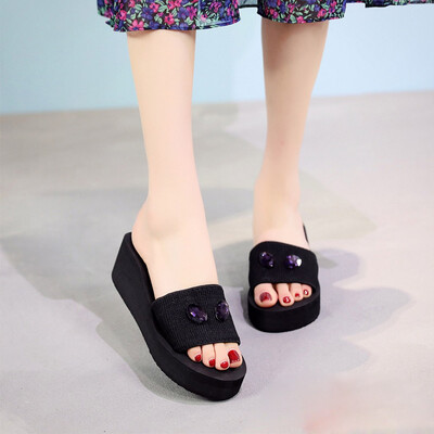 

Rose Women Pearl Drill Wedge Slides Home Bathroom Beach Flip Flops Shoes Slippers