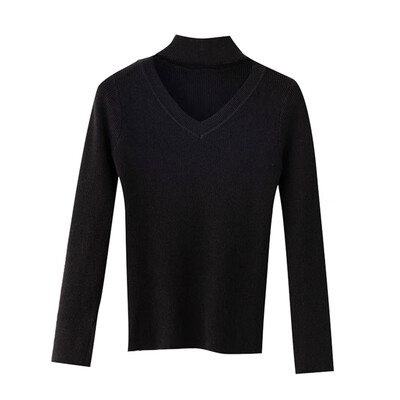 

Sweaters V-neck slim slimming women Halter long sleeve knitted tops Autumn v-neck winter pullover Casual ladies jumper pull slim