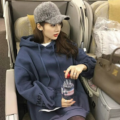 

Plus velvet large size mm sweater female sport 2019 new Korean version of the loose long-sleeved hooded long section
