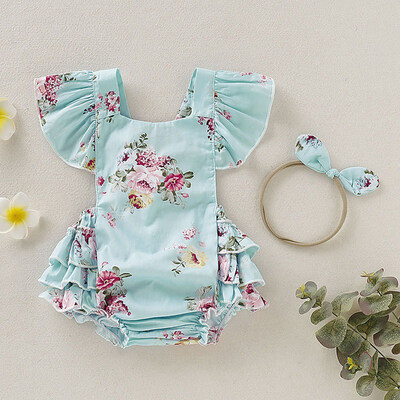 

Summer Newborn Baby Girls Floral Rompers Set Flare Sleeve Jumpsuit With Headband