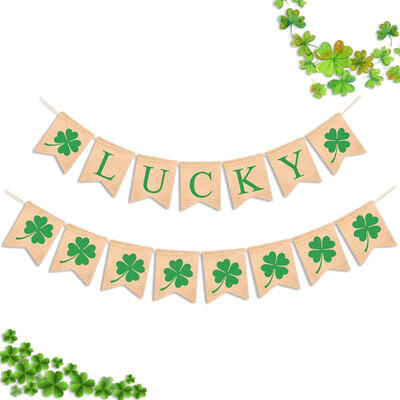 

LUCKY Four Leaf Shamrock Jute Burlap Banner St Patricks Day Irish Festival Decorative Hanging Ornament Bunting