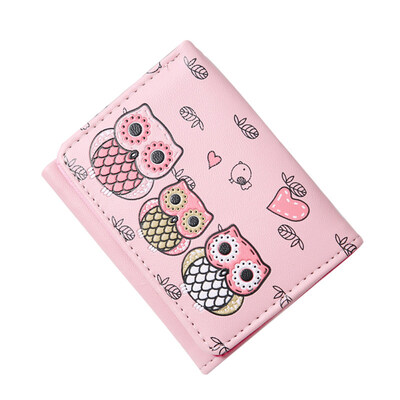 

Women Girls Cartoon Owls Pattern Faux Leather Tri-fold Mini Wallet Coin Purse