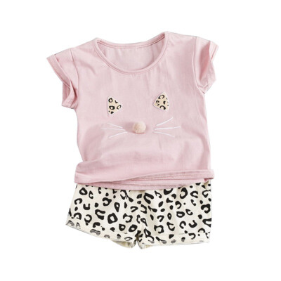 

Children Girls Casual Summer Cat Print Short Sleeve T-shirtLeopard Shorts Suits 2Pcs Costume Set