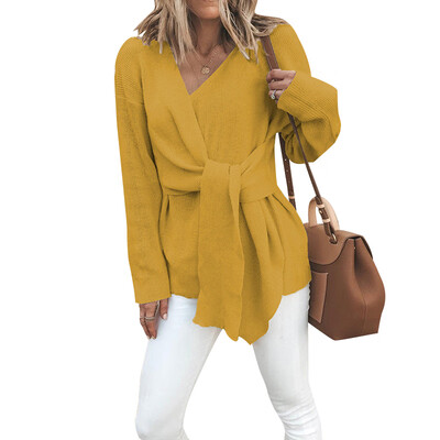 

Womens V-neck Tie Long-sleeved Sweater Fashion Solid Color Autumn Winter Sweater