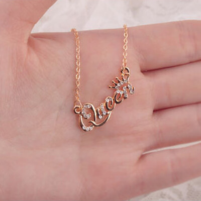 

Gold Plated Jewelry Alphabetical Queen Rhinestone Short Clavicle Chain Necklace