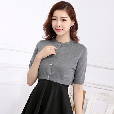 

Ladies Half Sleeve Buttons Crew Neck Cropped Tops Autumn Outwear Coat Cardigan