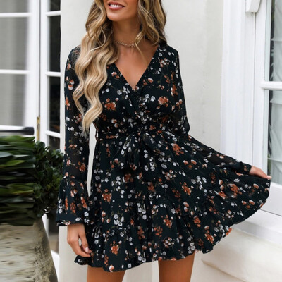 

Tailored Fashion Women Long Sleeve Floral Dot V-Neck Party Evening Cocktail Mini Dress
