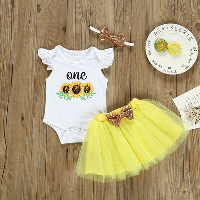 

Summer Infant Baby Girl Halloween Clothes Flare Sleeve Sunflower Floral RomperMesh Bow SkirtHeadband Set