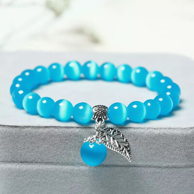 

10 Colors Cat Eye Stone Beads Charm Bracelets & Bangles Handmade Leaf Pendant Bracelet Crystal Jewelry Gifts