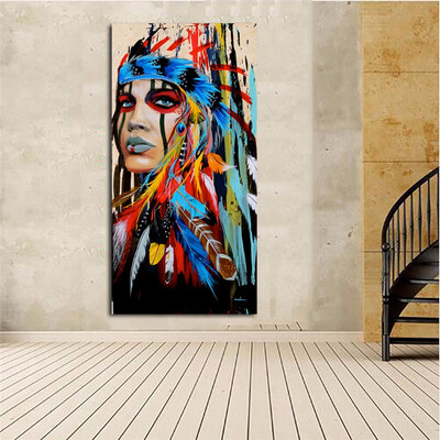 

Native American Indian Girl Feathered Canvas Painting For Living Room Wall Art Home Décor Unframe Unframe 50x100cm20x40