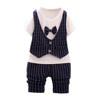 

Boys Tops Shorts Set Short Sleeve Fake 2 Piece Plaid Print Tops Blouse T-shirtShorts Children Casual Outfits Sets