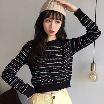 

Casual Striped Knitting T Shirt Women Long Sleeve Road Navel O Neck Top Tops Short T-shirt
