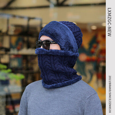

Mens autumn&winter warm plus thick plush hat neck two pieces set pure color hemp flower knitted hat old man cover hair cap
