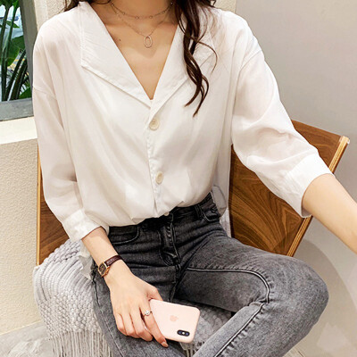 

Summer Fashion Solid Womens Tops&Blouses Blusa Women Buttons V Neck Long Sleeve Blouse Shirt Loose Casual Tops 2019 New