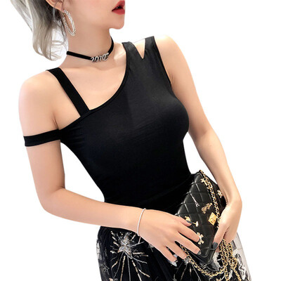 

Womens Asymmetrical Collar Cold Shoulder Sleeveless T-Shirt