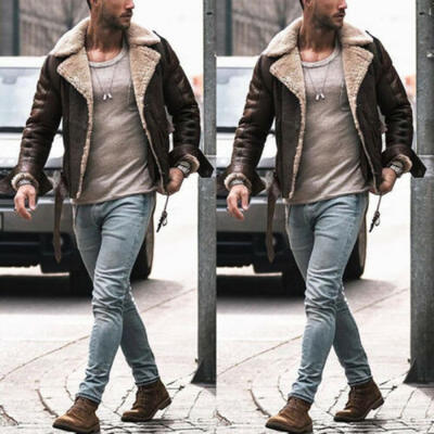 

Men Coat Distressed Trench Faux Leather Coat Jacket Woolen Peacoat Overcoat UK