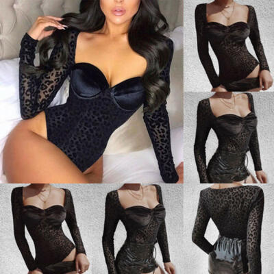 

Sexy Women Long Sleeve Shirt Jumpsuit Bodysuit Leopard Stretch Leotard Blouse