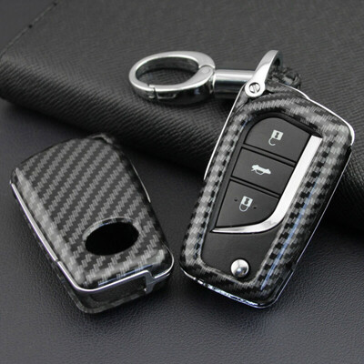 

Hard Carbon Fiber Flip Car Keys Cover Fob Cases Chain Ring For Toyota C-HR Camry