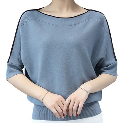 

Striped Knitted T-Shirt Women Fashion Half Sleeve Slash Neck Bottoming Tops Female Elegant Tshirt camiseta mujer